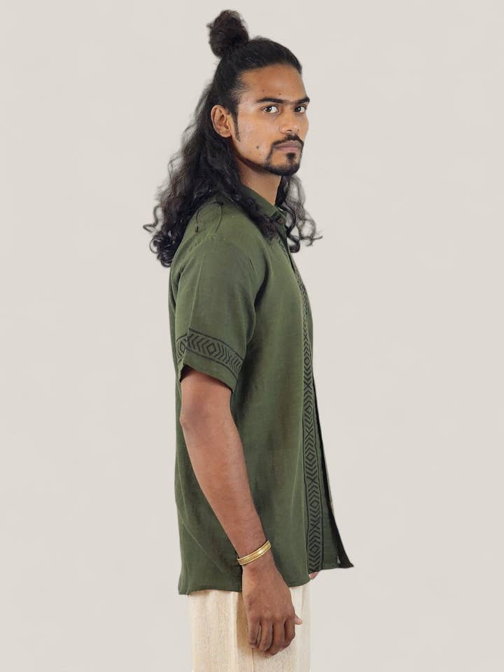 Sacred Ceremony - Wholesale Button Down Shirt - Men's - Men's Green Organic Linen Short Sleeve Block-Printed Button-Down Shirt5