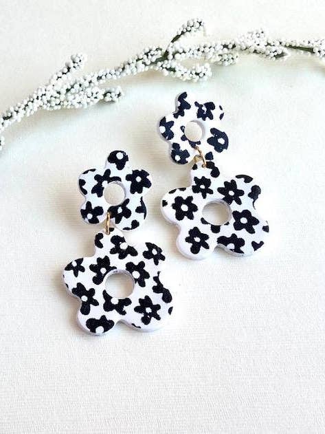 Polymer Clay Daisy Two Tier Earrings, Daisy Clay Dangle Earrings, Funky Flower Earring, 60's Earrings, Mid Century Mod Daisies, Daisie Print for wholesale by Miles and Milo Polymer Clay Collection
