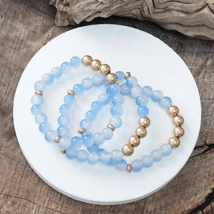 PennyLine inc - Wholesale Beaded Bracelet - Worn gold tone and glass beads bracelets stack Hot Pink Blue Green