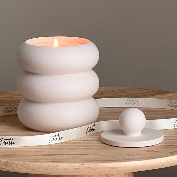 Donut Jar Soy Candle: Wood Wick, Jesmonite Vessel, Handmade for wholesale by Estelle Studio