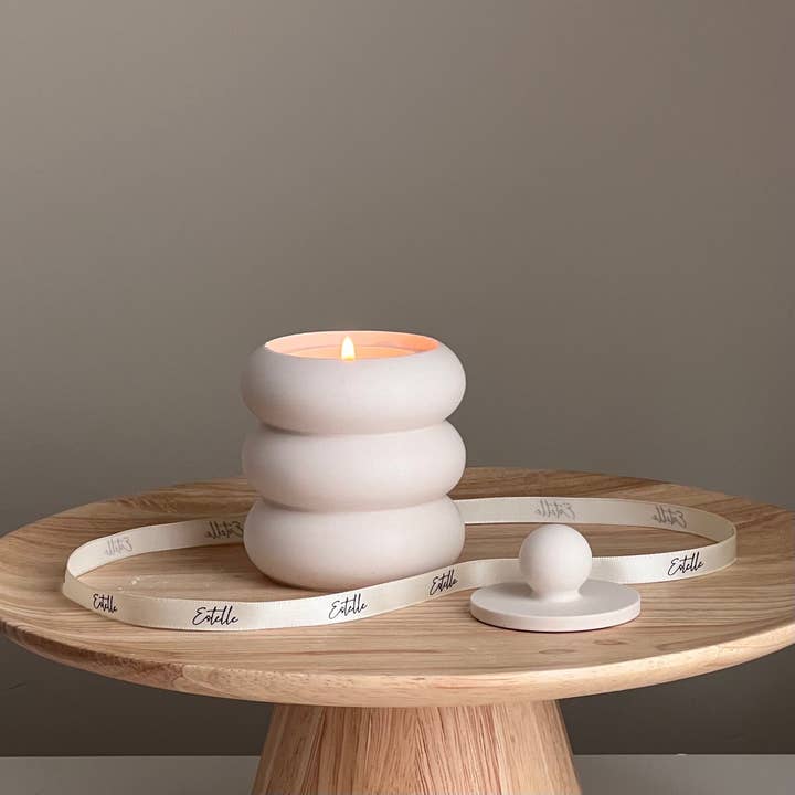 Donut Jar Soy Candle: Wood Wick, Jesmonite Vessel, Handmade for wholesale by Estelle Studio