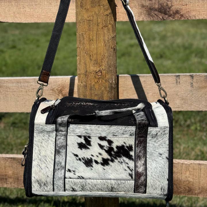 The Sterling Gypsy - Wholesale Pet Carrier - Cat/Dog - Custom Branded with your Pets Name or Farm Brand Black & White Cowhide Pet Carrier, Dog Carrier, Cat Carrier, Small Animal Carrier Pet Taxi
