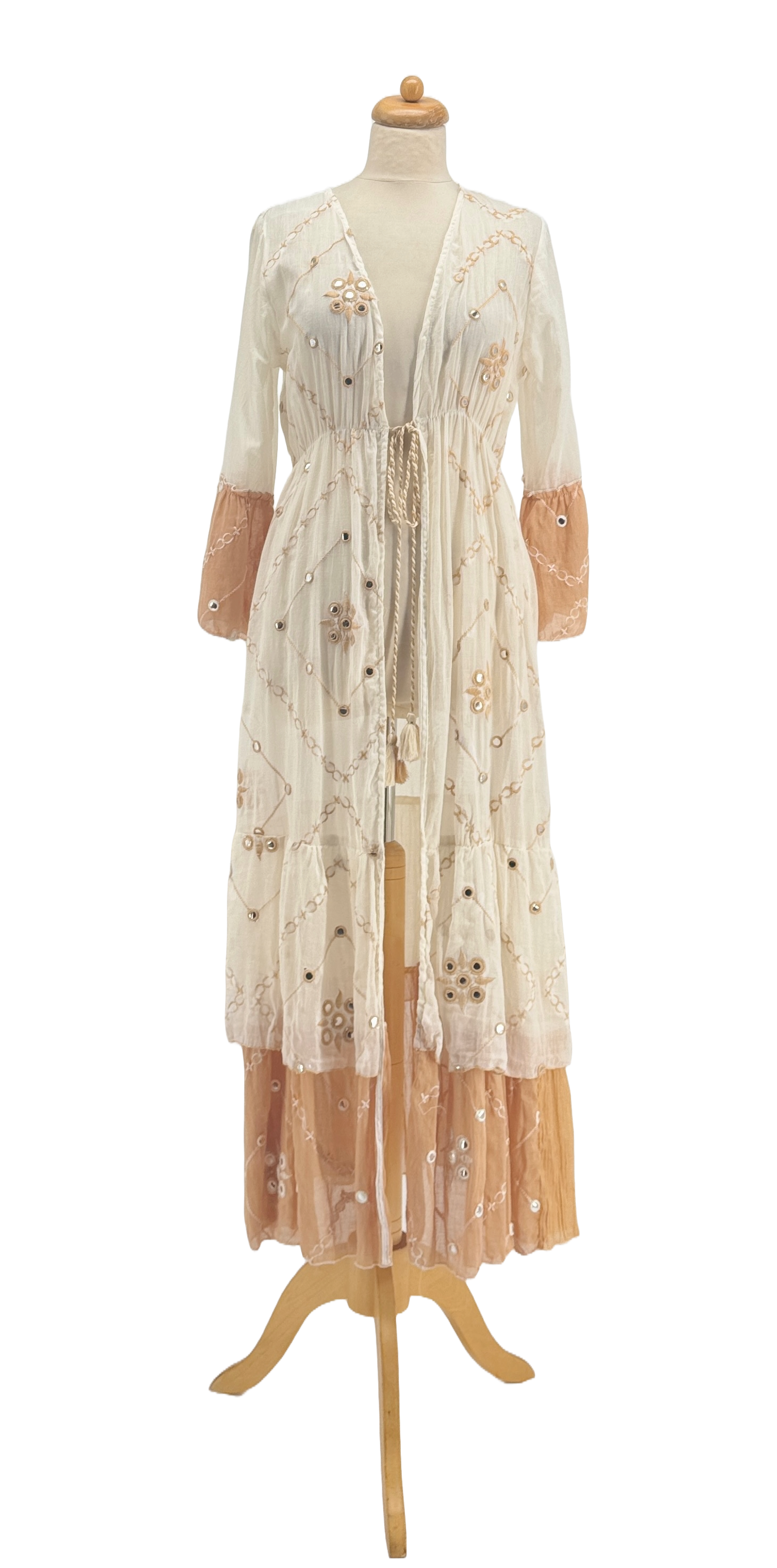 (ROSA - GRÖN AQUA - BEIGE) Lång kimono i 100 % bomull, handbroderad med små speglar för wholesale på Faire7