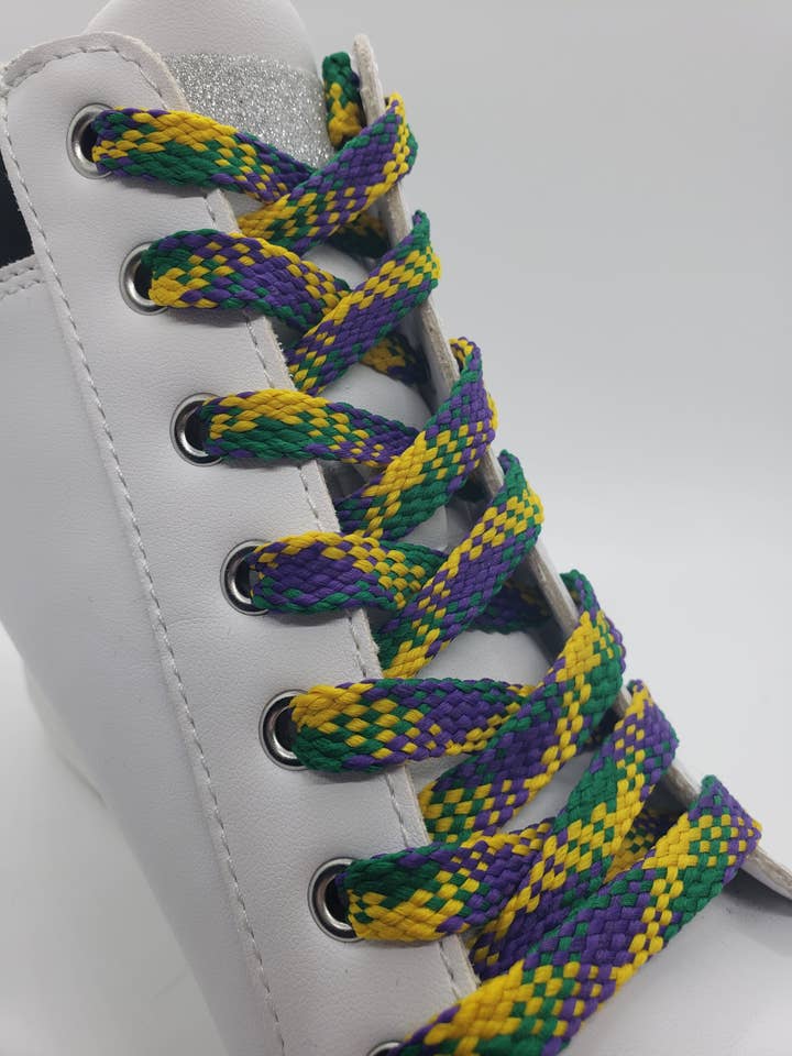 Flat Mardi Gras Shoelaces for wholesale by The Shoelace Factory