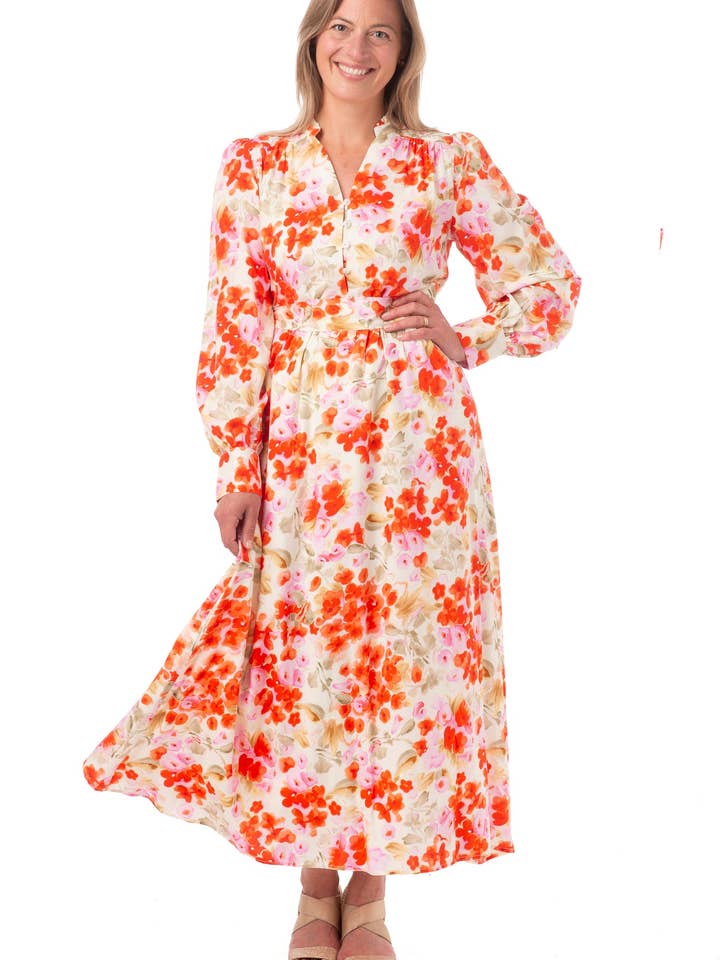 Tomassa FB261 - Red Pansies Women's Floral Maxi Dress S/M/L for wholesale by Franchetti Bond