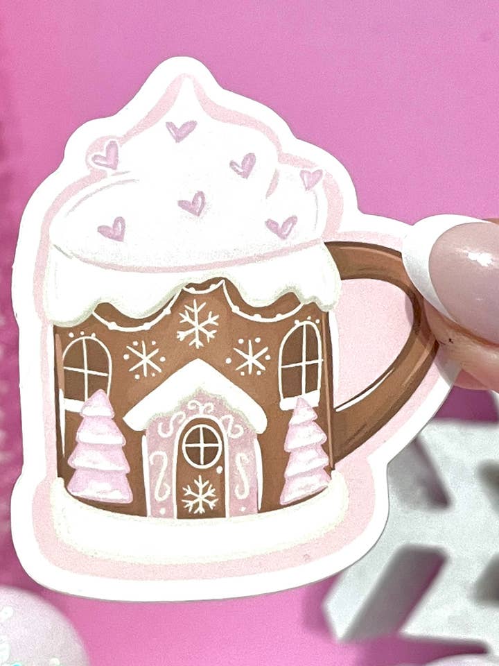 Pink Gingerbread Mug Holiday Sticker for wholesale by Illie Millie Designs
