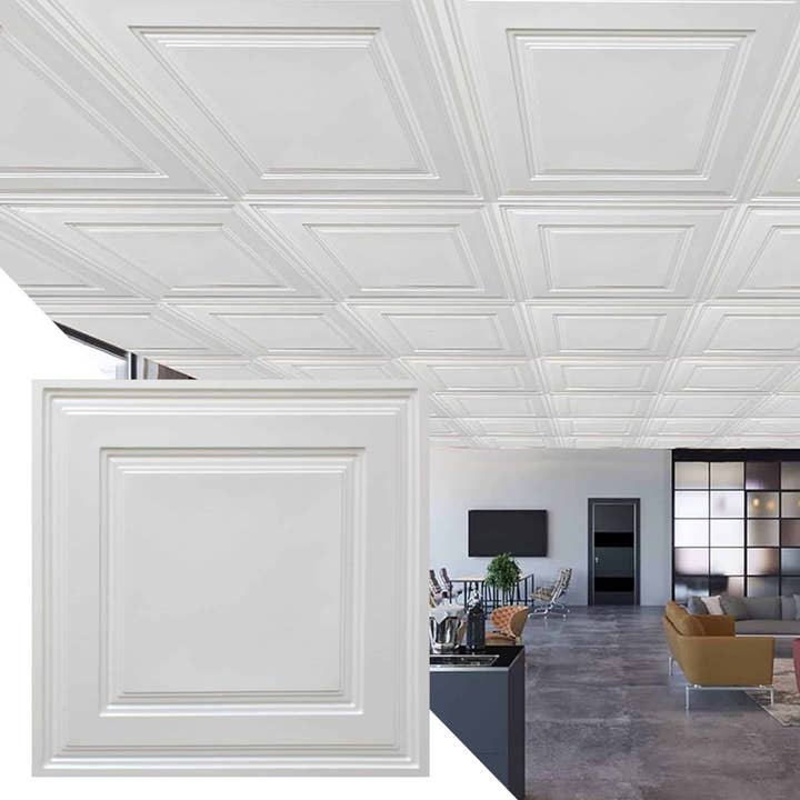 PVC Ceiling Tiles, 2 ft x 2 ft, Glue Up or Lay In, Wipe-clean, Waterproof - Modern Traditional Pearl White for wholesale by Dundee Deco