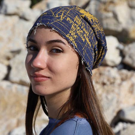 476 Denim Effect Beanie with Stylized Screen Print, Hats for wholesale by Purple Sardine