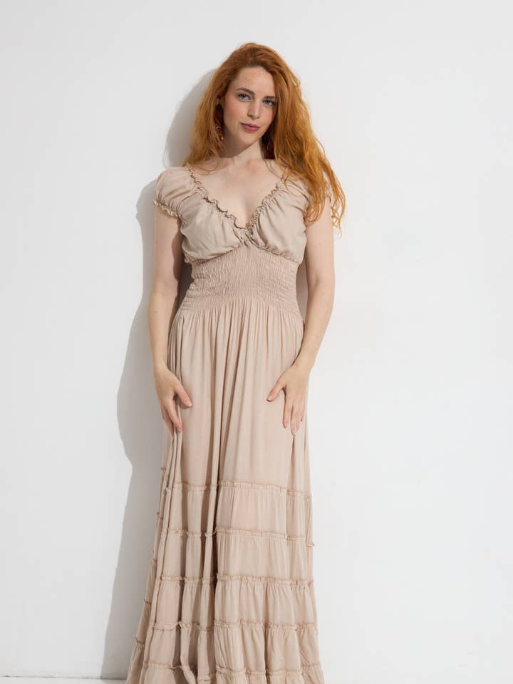 Vestido largo bohemio de mujer con cintura nido de abeja para venta al por mayor de ANISA