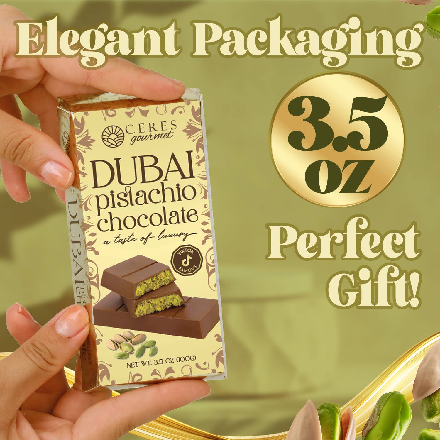 Ceres Gourmet - Wholesale Chocolate Bar - 3.5oz Milk Dubai Chocolate Bar Pistachio & Gift-Ready Pack 3