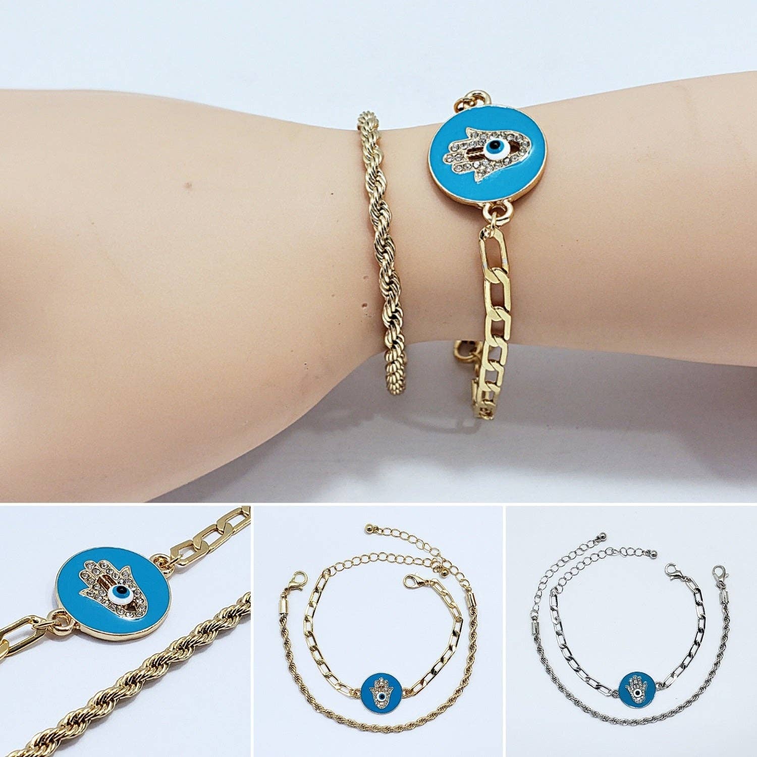 Greater Goods Imports & Wholesale - Wholesale Jewelry Set - B0176 CB1074 Evil Eye Hamsa Design Accented Dainty Chain Bracelets1