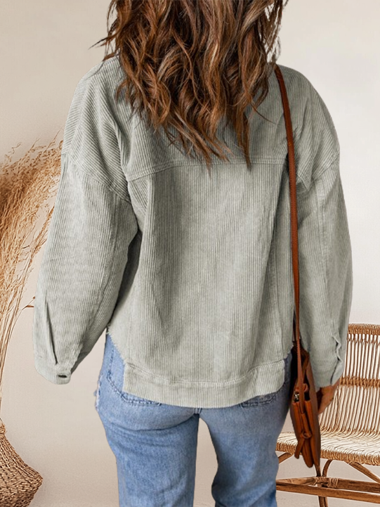 Azul celeste Casaco cortado de veludo cotelê com bainha crua e bolsos com aba no céu para venda a revendedores na Faire1