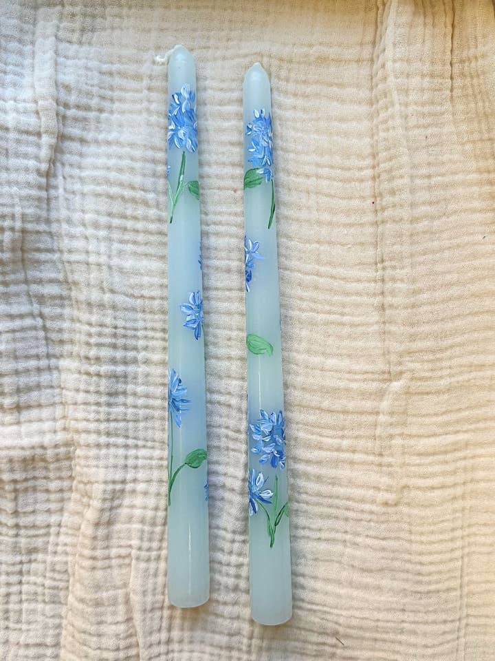 Hand-Painted Hydrangea Taper Candles - Set of 2 for wholesale by Studio E Bloom