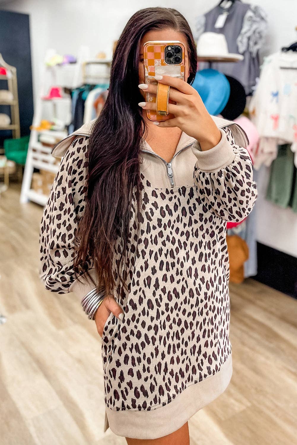 Khaki Khaki leopardmønstret lynlås krave patchwork skift minikjole for engroshandel på Faire3