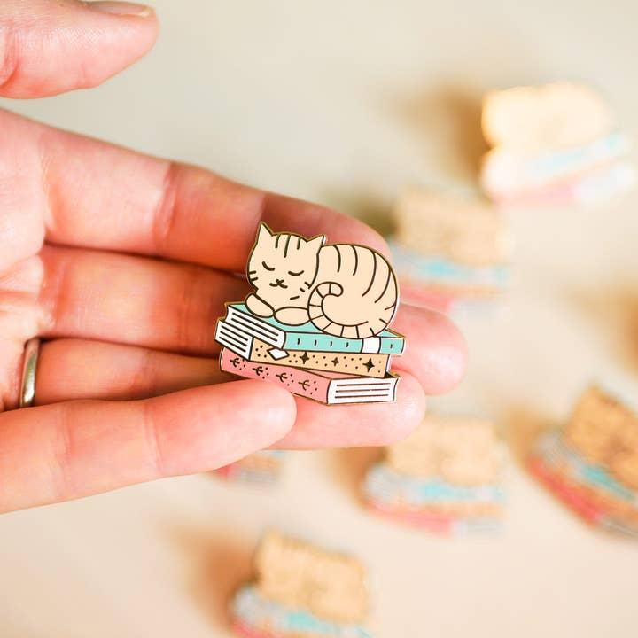 Emmeline Illustration - Wholesale Lapel Pin/Button - Book Kitty Enamel Pin
