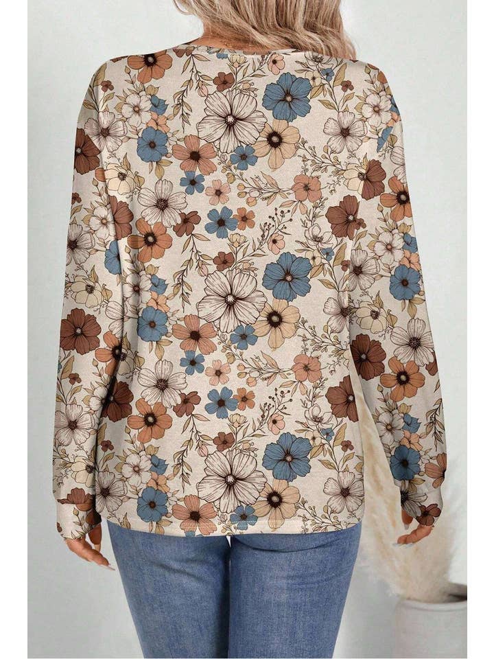 Khaki Floral Print Loose Crew Neck Long Sleeve T Shirt for wholesale on Faire2