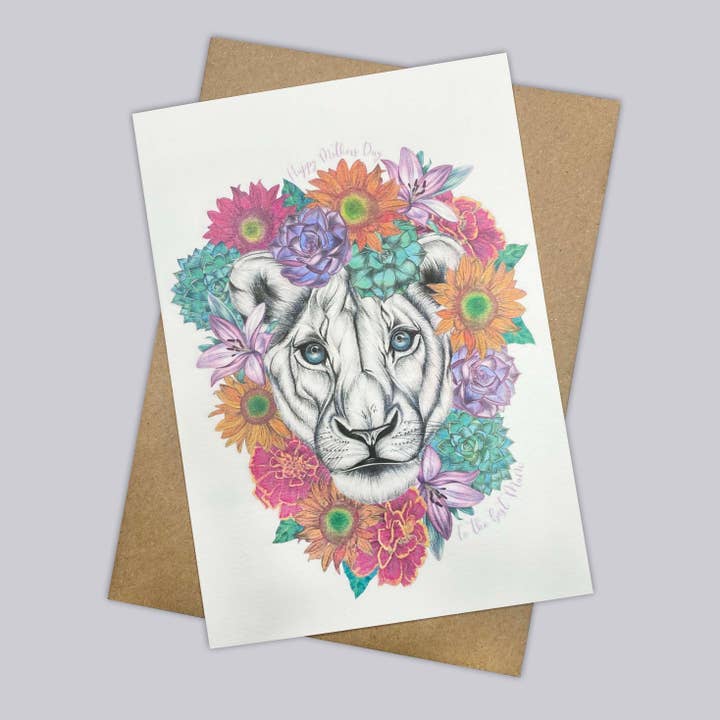 Illustrationskarte mit Blumenmähne und Löwin für den Großhandel von Autumn Bella Designs