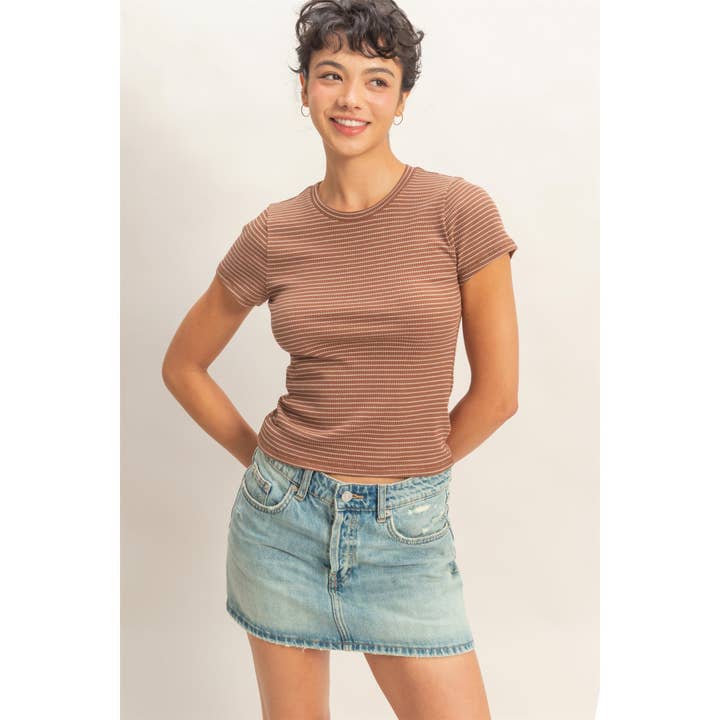 Top acanalado a rayas con cuello redondo para venta al por mayor de Double Zero