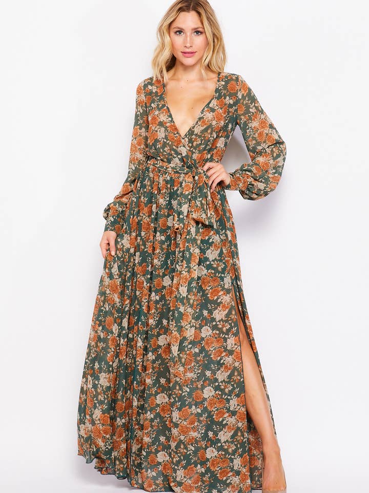 LONG SLEEVE SURPLICE NECK SIDE SLIT FLORAL DRESS for wholesale by Pink Irene Wholesale
