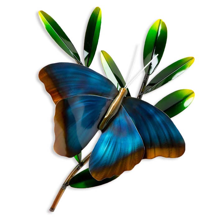 Copper Art - Wholesale Wall Accent - Blue Morpho Butterfly on Branch (Stainless Steel/Outside)
