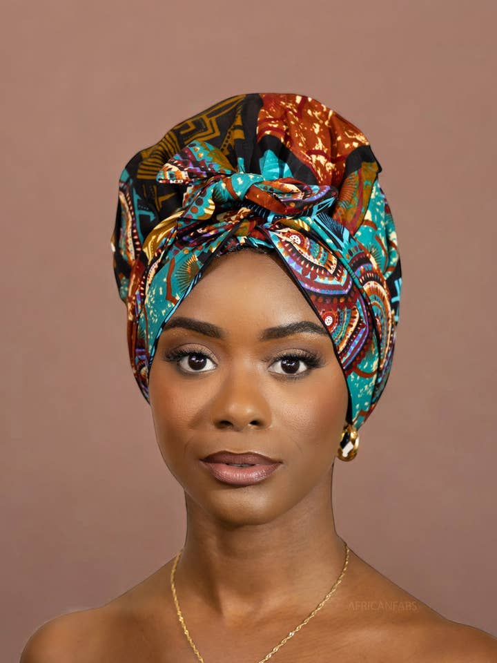 Easy headwrap - Satin lined hair bonnet - Turquoise Multicolor for wholesale by AfricanFabs