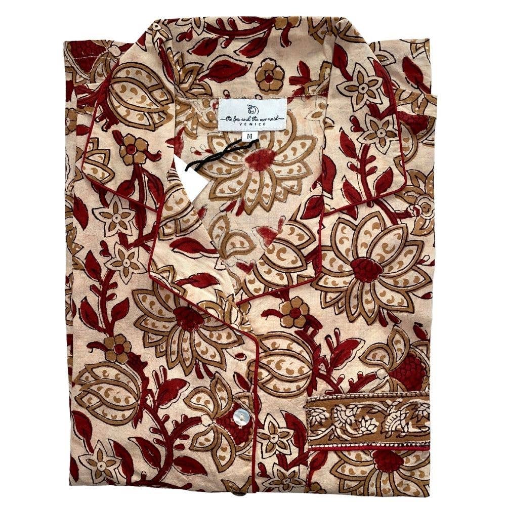 The Fox and The Mermaid - Wholesale Sleepwear Set - Women's - Naturally Dyed Women's Block Printed PJs- 3 Piece Set (Latte1