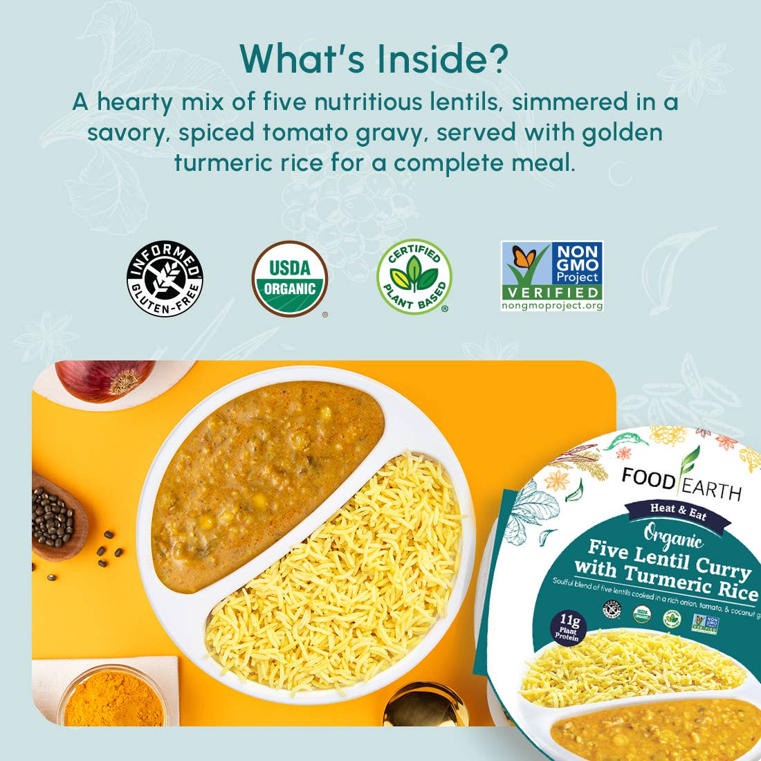 Food Earth - Vendita all'ingrosso Pasti pronti a lunga conservazione - Curry di Cinque Lenticchie Biologico con Riso alla Curcuma2