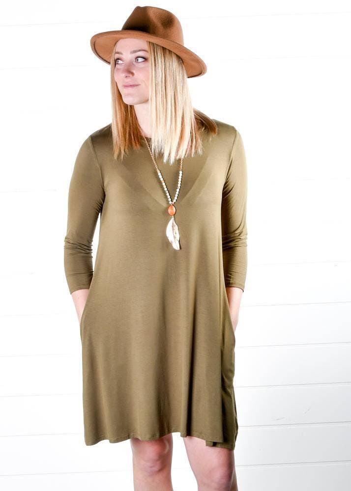 Vivette Apparel - Wholesale Dress - Women's - Olive 3/4 Sleeve Tunic Dress0