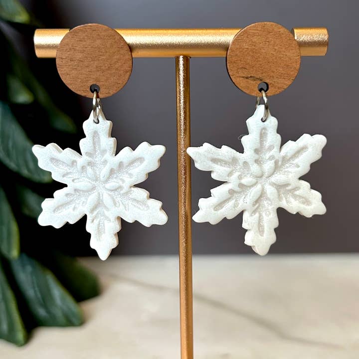 Snowflake Dangle Earrings – Winter Clay Drop Statement for wholesale by Lady Bug Custom Gifts