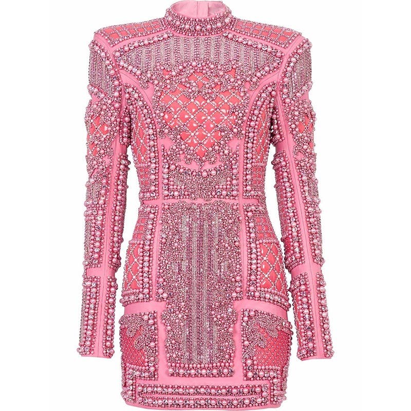 Productseeker – wholesale Klänning - Dam – DR389Y rosa klänning med handpåsydda diamanter och paljetter0