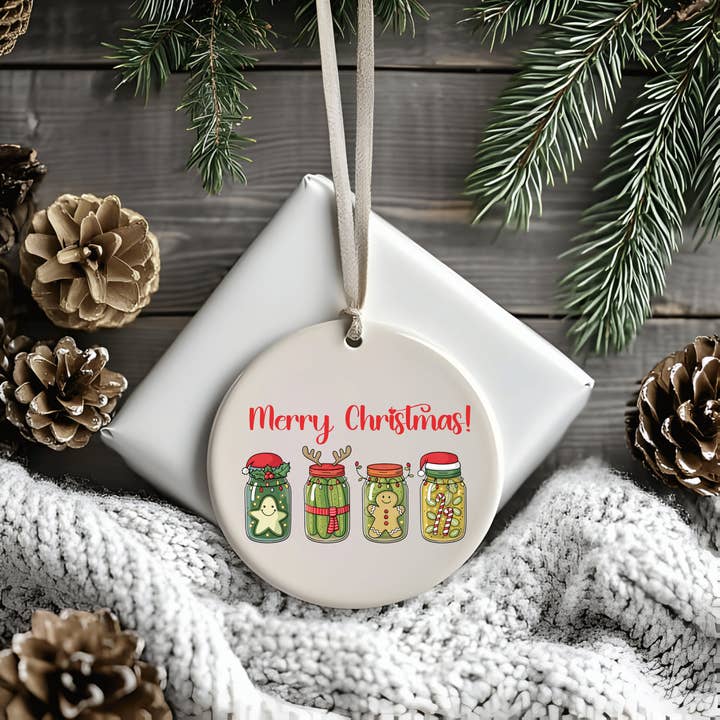 Merry Christmas Pickle Jars Ceramic Ornament for wholesale by JAC Wholesale