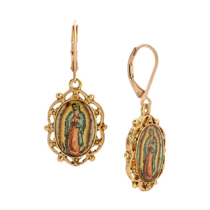 Symbols Of Faith Our Lady of Guadalupe Oval Decal Drop Earrings for wholesale by 1928 Jewelry