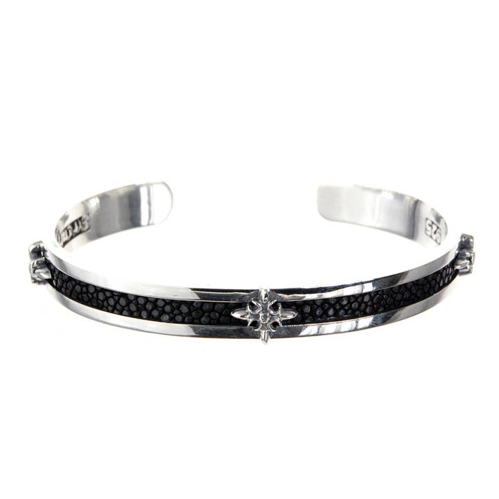 Silver Bangle Searay Leather Stripe With Lilies for wholesale by ElfCraft