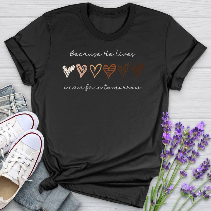 Because He Lives Colored Hearts Softstyle Tee for wholesale by Christian Lifestyle Collections