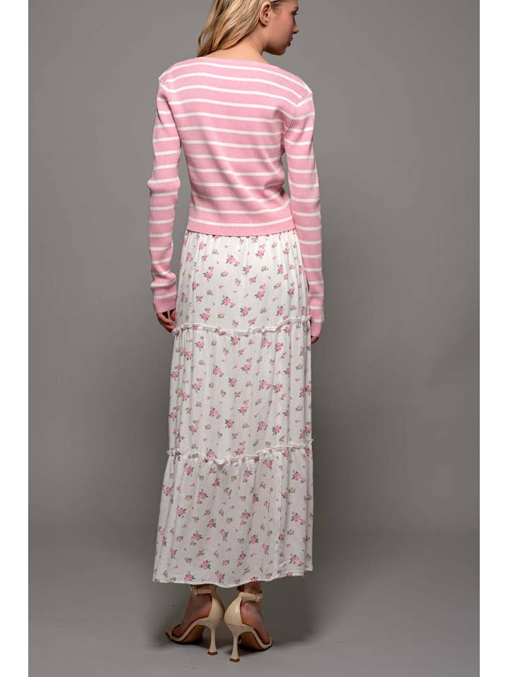 Urban Daizy - Wholesale Skirt - Women's - Rose Print Triple-Tier Ruffle Linen Blend Skirt