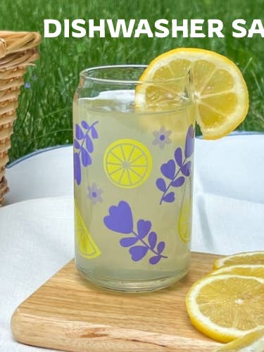 Lemon lavender iced coffee cup glass can 16 oz for wholesale by Uplifter Sticker