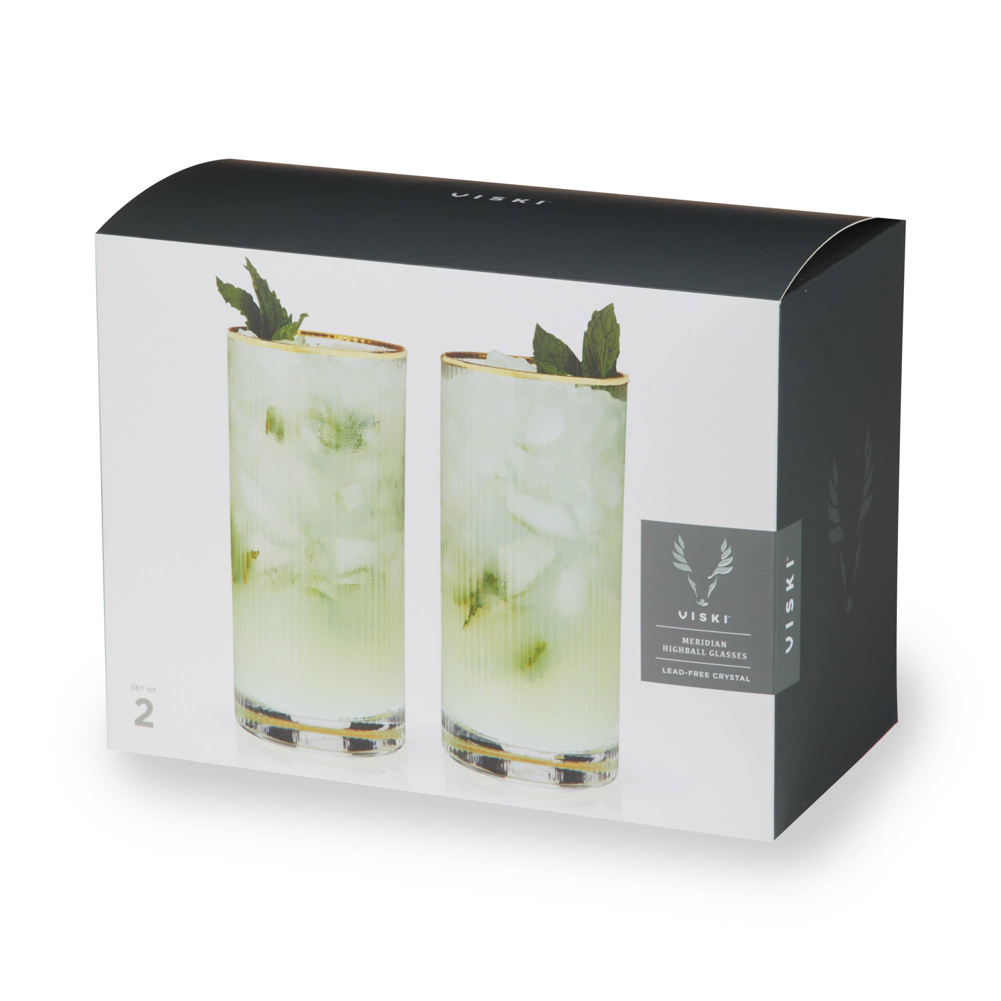 Viski - Wholesale Cocktail/Liquor Glass - Deco Meridian Gold Rimmed Crystal Highball Glasses Set of 21