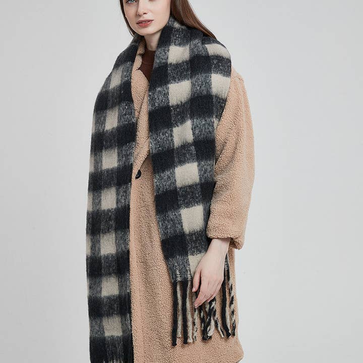 Dipped Shop - Wholesale Scarf - Women's - Plaid Contrast Color Tassel Scarves DPKS1217