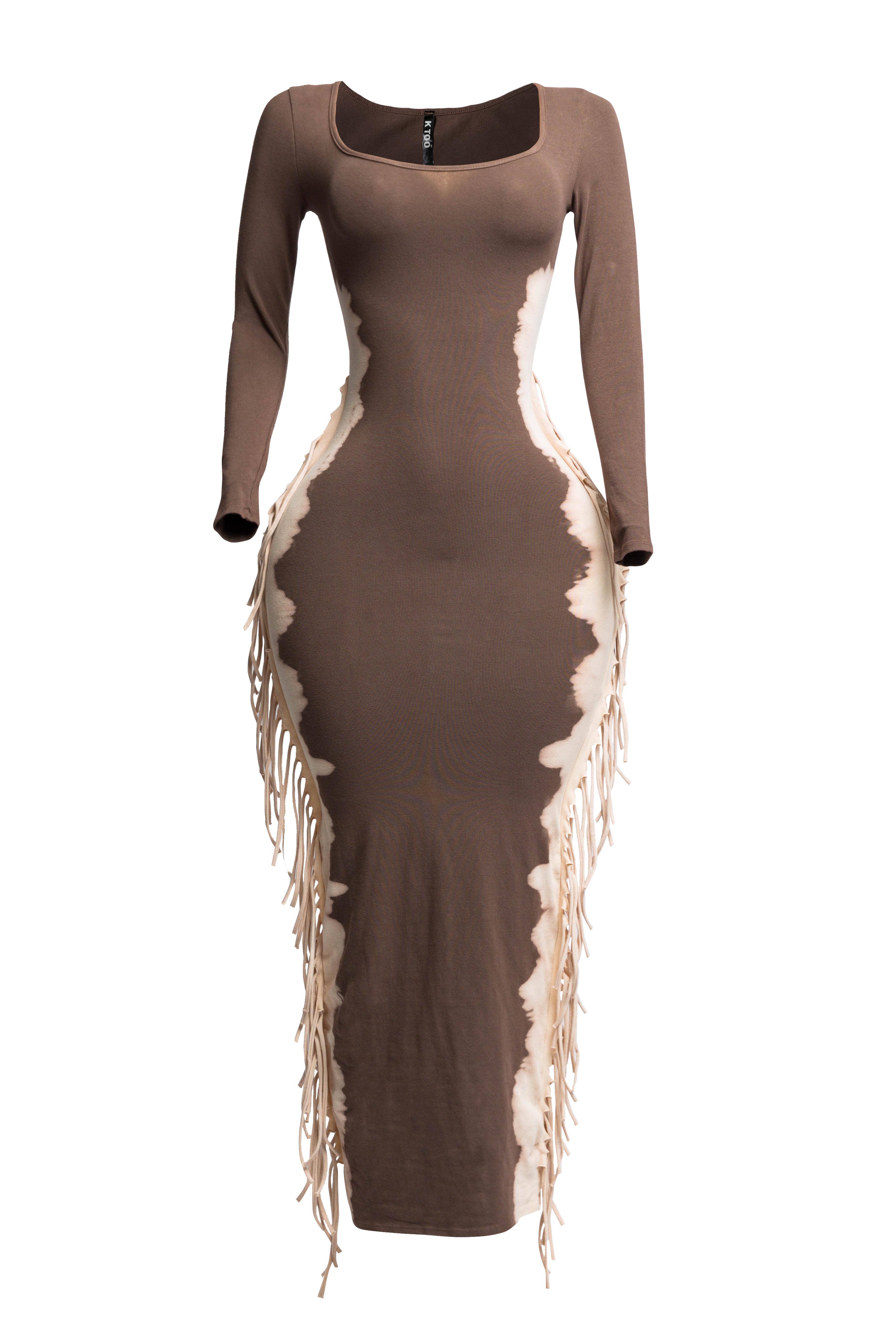K Too - Wholesale Dress - Women's - Bleached two tone colorway side fringe maxi dress0