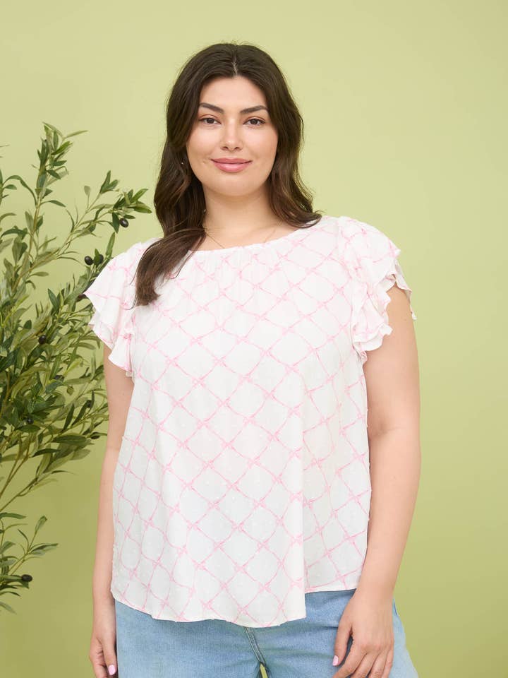 Blu Pepper - Wholesale Blouse - Women's - BOW CLIP DOT PATTERN RUFFLE SLEEVE BLOUSE