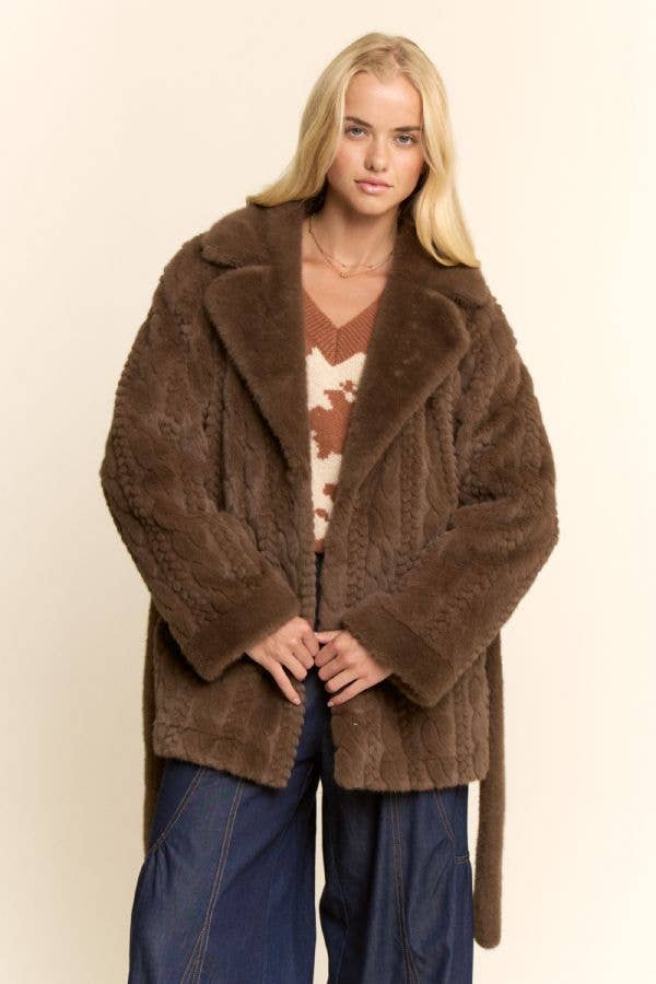 Brown TEXTURED FAUX FUR BELTED COAT for wholesale on Faire4