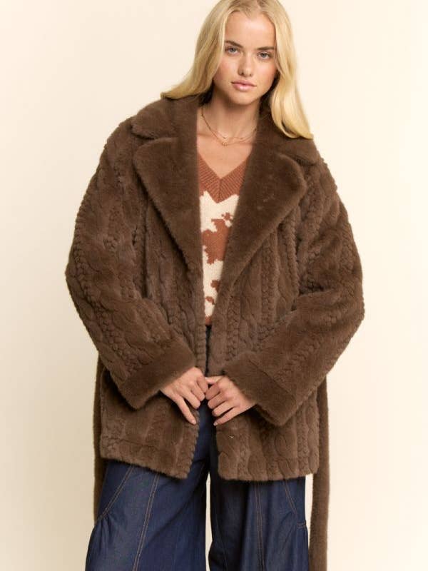 Brown TEXTURED FAUX FUR BELTED COAT for wholesale on Faire4