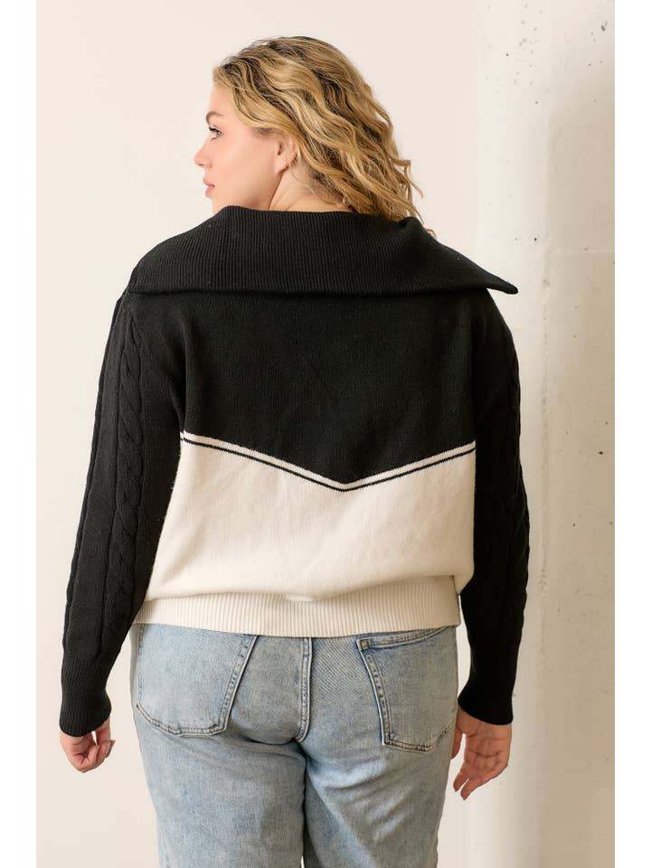 BLACK IVORY (PLUS SIZE) Two-Toned Cable Knit Sweater for wholesale on Faire