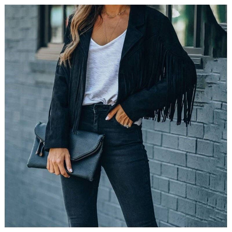 Plush Looks - Wholesale Jacket - Women's - Solid Color Lapel Long Sleeve Fringe Jacket0