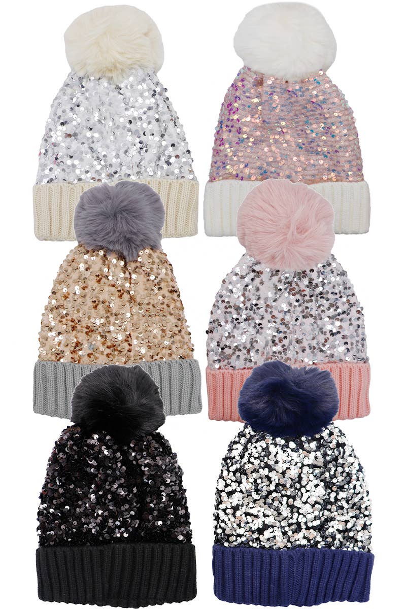 Cap Zone - Vente Bonnet – femme - Bonnet à pompon en tricot à paillettes métalliques Beazzled1
