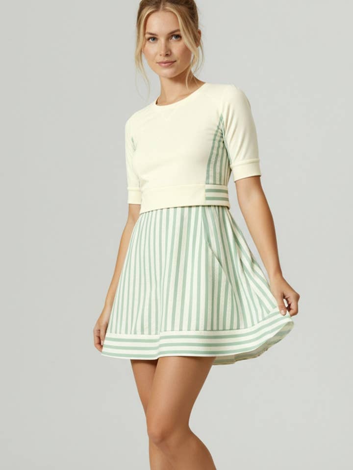 FRENCH TERRY TOP AND STRIPE COMBINATION DRESS for wholesale by Kori America