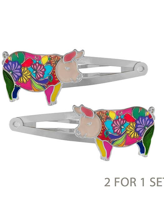 ( Y664 ) BOERDERIJTHEMA SCHILDERKUNST EPOXY 2 HAARSPELDSET - VARKEN voor wholesale door Jewelry Max