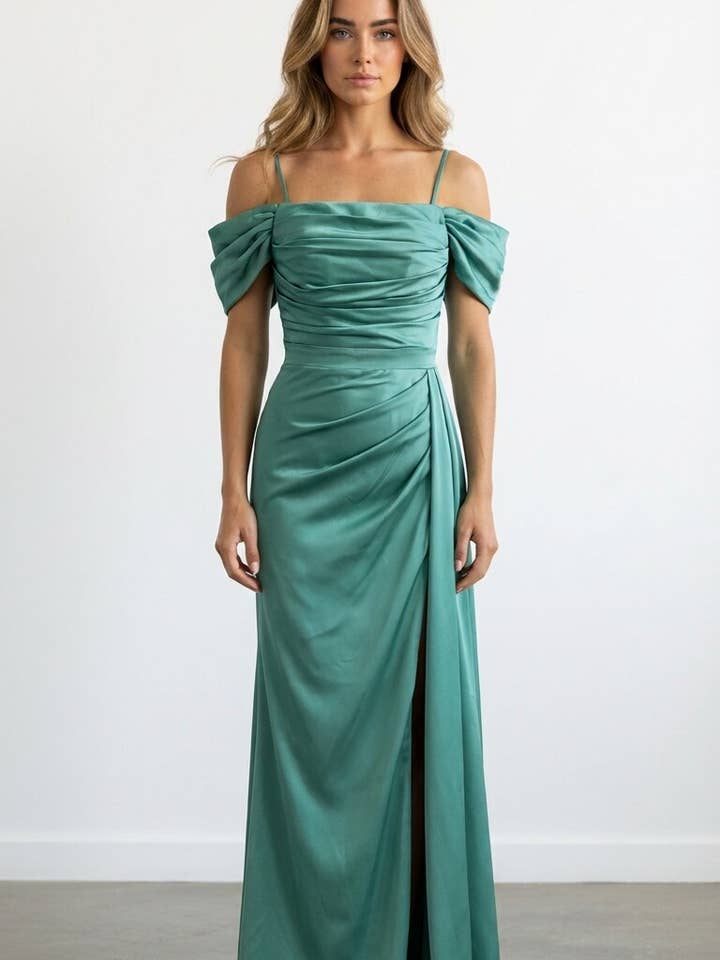 Light green long satin dress for wholesale by Les Voiliers