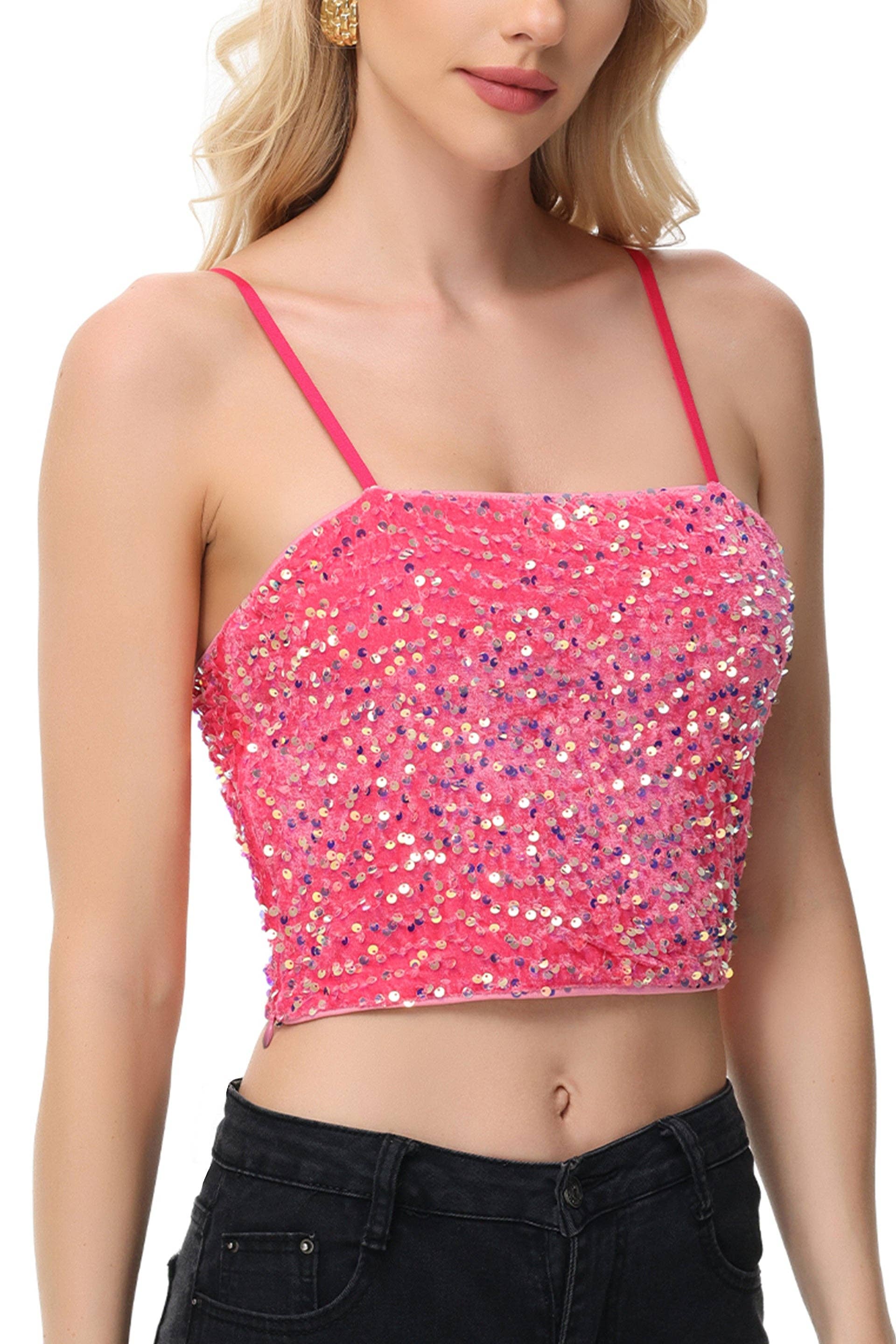 Anna Kaci Wholesale - Wholesale Camisole - Women's - Sparkly Sequin Cami Tops Crop Club Party Glitter Spaghetti42