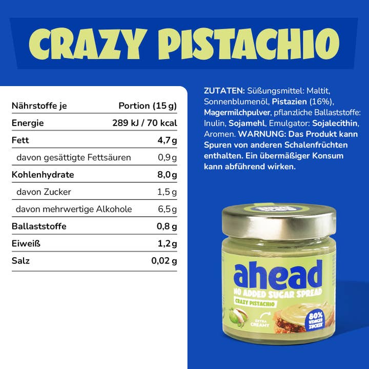 ahead - Wholesale Nut Butter - Crazy Pistachio - No Added Sugar Spread 6x200g4